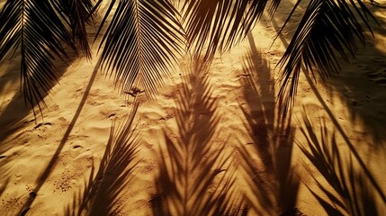 Palm fronds cast shadows on golden sand beach
