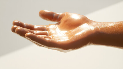 Close-up of a hand with glistening skin, possibly oiled or moisturized. The hand is open, palm up, suggesting offering or receiving. Soft lighting enhances the smooth texture.
