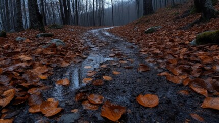 Obraz premium Autumnal forest path, wet and leaf-strewn