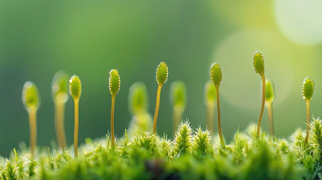 Green Moss Sporophytes Emerge In Sunlight