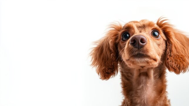 A beautiful brown dog with expressive eyes poses against a stark white backdrop, showcasing its playful personality and inviting connection with the viewer.