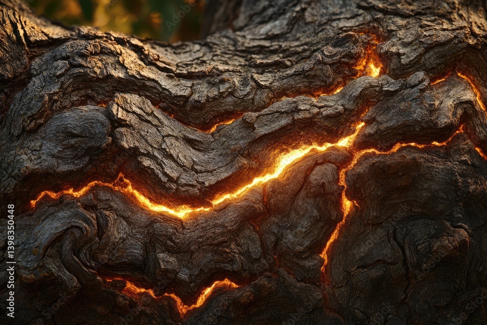 Poster glowing cracks illuminate the rough texture of a dark tree trunk, creating a dramatic, surreal scene