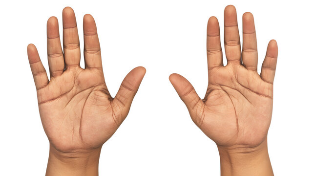 Two open hands with palms facing up, isolated on a white background.  The hands are brown-skinned, showing detail of lines and texture.