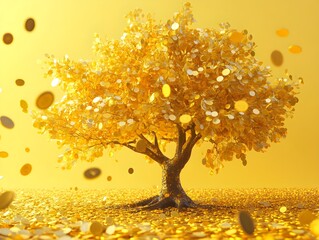 3D illustration of a golden tree with scattered coins on a yellow background
