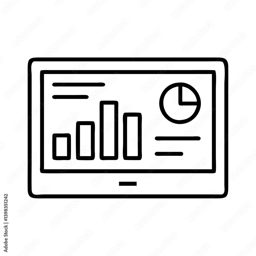 Poster tablet showing business data analytics bar chart and pie chart for financial report review process