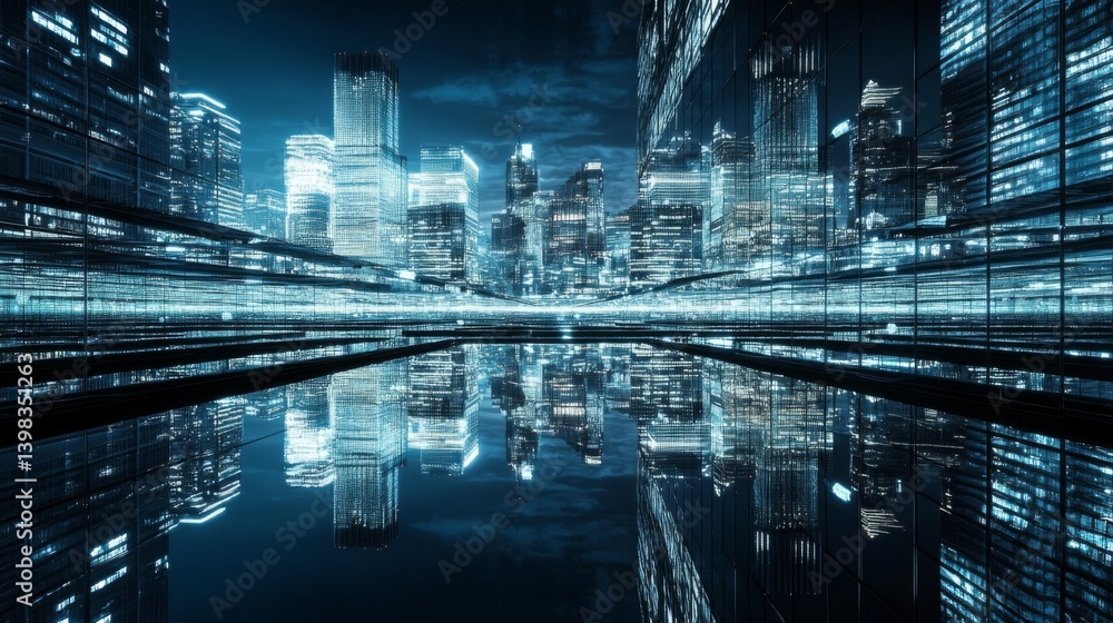 Poster futuristic metropolis with inverted architecture and mirrored lighting