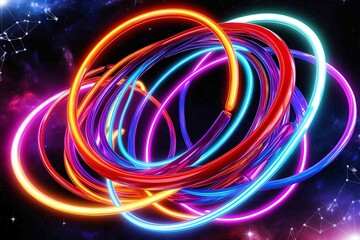 Floating neon rings in rainbow hues, arranged in a vortex-like pattern over a starry, galactic background