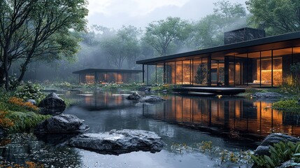 Obraz premium Serene Modern Villa nestled in Misty Forest
