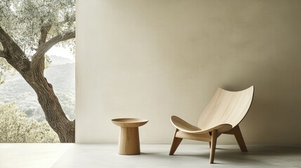 Fototapeta premium A wooden chair and side table sit near a window