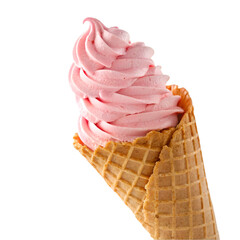 Pink soft ice cream in a waffle cone isolated on a white background.