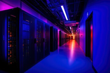 Fototapeta premium Server room hallway with vibrant neon lighting