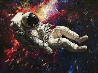 Fototapeta premium Astronaut adrift in a vibrant cosmic nebula