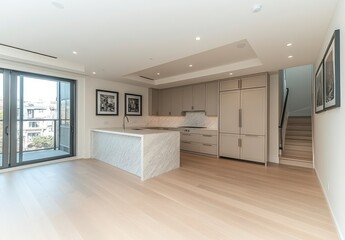 Obraz premium Bright Modern Open Plan Apartment Interior with Beige Cabinets Marble Countertops and Light Hardwood Floors