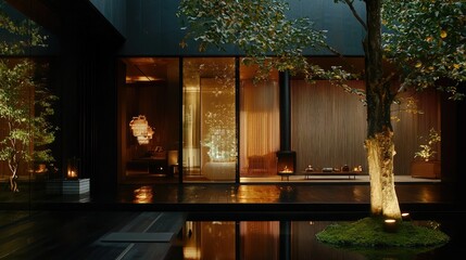 A luxurious interior space with warm lighting and a serene atmosphere