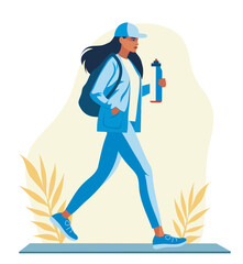 Vector flat illustration for the holiday Sports Day. A girl in a cap takes a sports walk with a bottle of water in her hands, plays sports. Suitable for use in health and sports projects