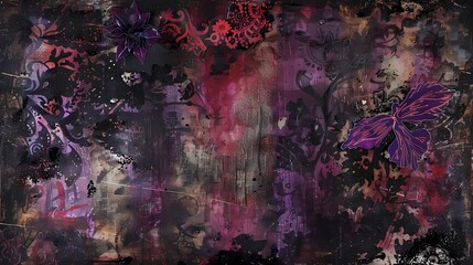 A vintage gothic themed paper, hues of purples, blacks and reds with traces of silver, collage, texture, Generative AI illustrations. 