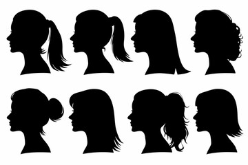 Silhouette Profile Set of Women&rsquo;s Heads &ndash; Black Female Side View Vector Collection with Various Hairstyles for Graphic Design and Icon Use