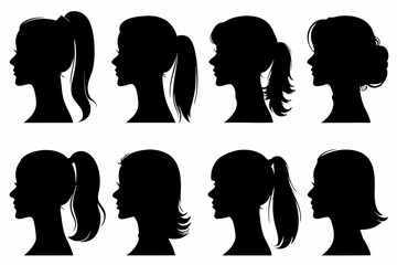 Silhouette Profile Set of Women&rsquo;s Heads &ndash; Black Female Side View Vector Collection with Various Hairstyles for Graphic Design and Icon Use