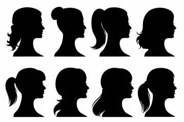 Silhouette Profile Set of Women&rsquo;s Heads &ndash; Black Female Side View Vector Collection with Various Hairstyles for Graphic Design and Icon Use