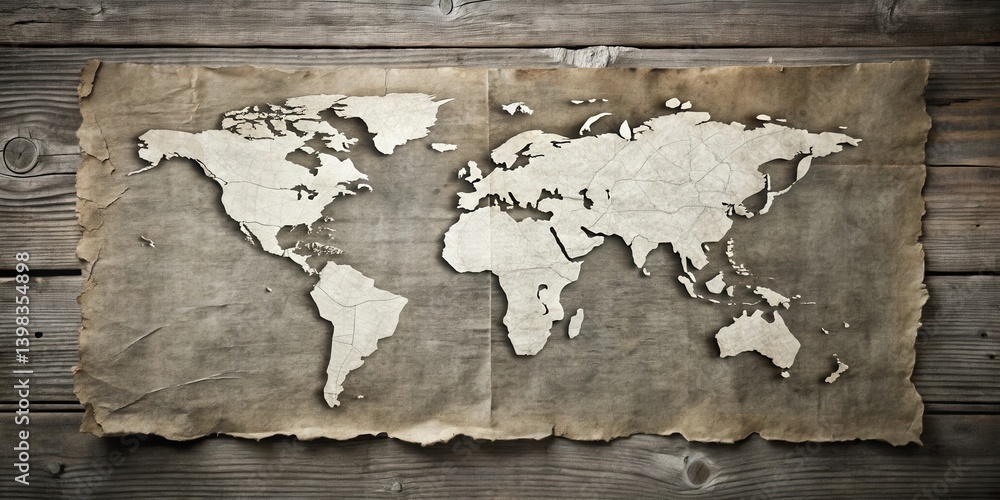 Poster ancient world map depiction on aged paper, displayed against a rustic wooden background