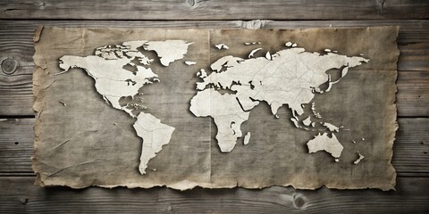 Ancient World Map Depiction on Aged Paper, Displayed Against a Rustic Wooden Background