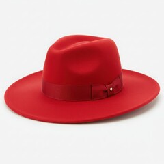 A striking scarlet fedora with ribbon on a plain background