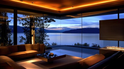 Obraz premium Luxurious modern living room with a stunning scenic water view