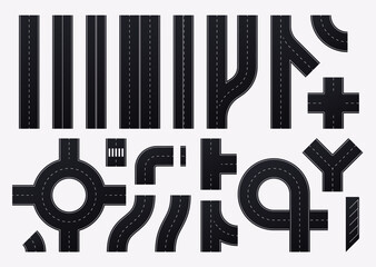 Obraz premium Road set isolated. Vector illustration. Top view, view from above. City street map collection. Roundabout, crossroads. Asphalt seamless highway elements constructor. Road marking. Easy brush creation.