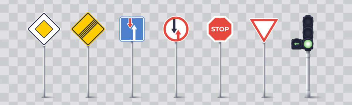 Naklejki Traffic signs and traffic light. International road signs set isolated on white background. Priority signs. Vector illustration. Stop, no entry, main road, give way sign.