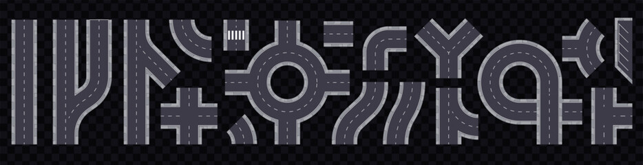 Road set isolated. Vector illustration. Top view, view from above. City street map collection. Roundabout, crossroads. Asphalt seamless highway elements constructor. Road marking. Easy brush creation. © Ihor