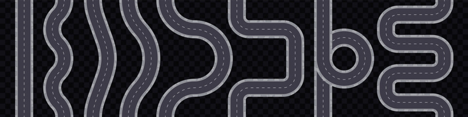 Road set isolated. Vector illustration. Top view, view from above. City street map collection. Asphalt seamless highway elements constructor. Road marking. Easy brush creation. © Ihor