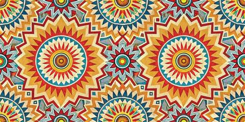 Vibrant geometric pattern in warm colors featuring star motifs and intricate designs.