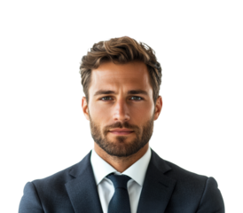 Professional businessman portrait high-resolution neutral confidence. Isolated on transparent background, png.