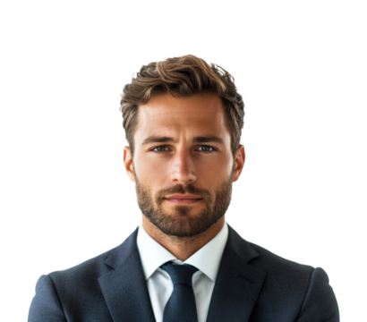 Professional businessman portrait high-resolution neutral confidence. Isolated on transparent background, png.