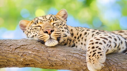 Sleeping Leopard on Tree Branch in Sunlight