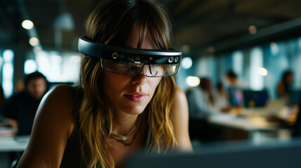 Blind woman using a screen reader in a modern office, confidently working on a laptop