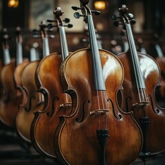 Naklejka premium Elegant stringed instruments in a row. A collection of cellos, showcasing rich wood tones and intricate details