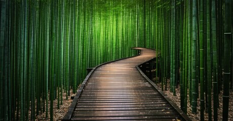 Fototapeta premium Wooden pathway leading through dense bamboo forest deep navy and bright silver symbolizing adventure and calm