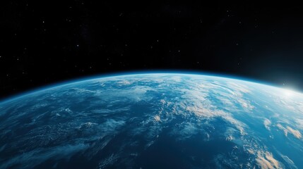 Fototapeta premium This breathtaking image captures Earth from a distance, showcasing its blue oceans and swirling clouds, against a backdrop of deep black space filled with stars.