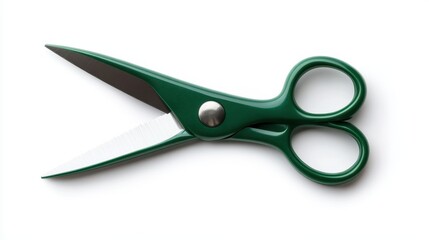 This image showcases a pair of vibrant green scissors against a stark white background, perfect for illustrating themes of creativity, craft, and precision in design.
