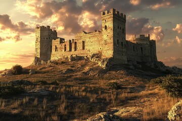 Obraz premium Historic castle ruins on rocky terrain under a colorful sky at sunset