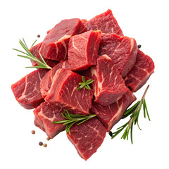 Pile of raw beef meat isolated on white background. Top view.