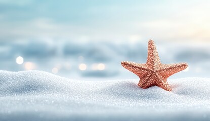 Bronze Starfish in Sparkling White Snow Against a Soft Blue Sky Background