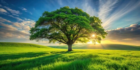 Fototapeta premium Serene Sunset Landscape Featuring a Majestic Oak Tree in a Verdant Meadow