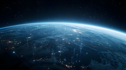 Obraz premium Earth At Night From Space With City Lights And Satellites