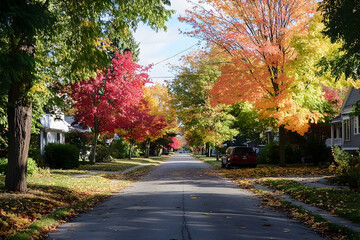 A picturesque autumn street lined with vibrant fall foliage.