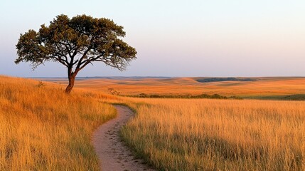 Obraz premium A winding path through the golden grasslands near a lone tree