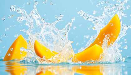 Refreshing Mango Splash in Water Stunning Close-up of Yellow Mango Slices