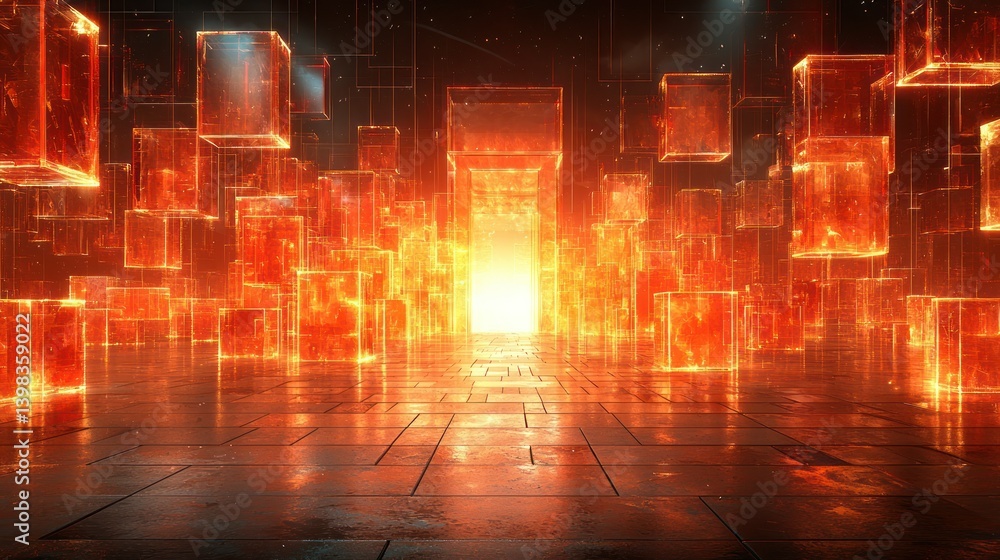 Poster fiery digital cubescape: a glowing 3d render of intricate orange cubes in a futuristic setting