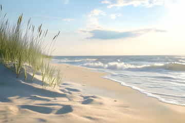 A tranquil beach scene with gentle waves and dune grass.